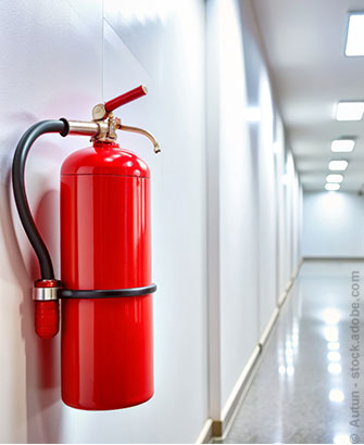 Ein roter Feuerlöscher ist an einer weißen Wand in einem Krankenhausflur angebracht