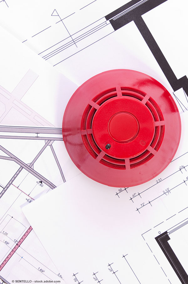 Roter Rauchmelder mit Gebäudegrundriss Teil 1